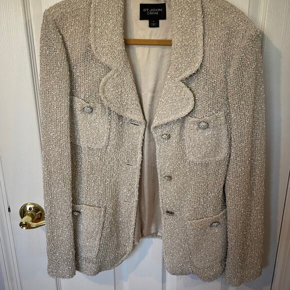 St. John Caviar knit jacket 12 beige cream silver rhinestone buttons - Picture 2 of 10